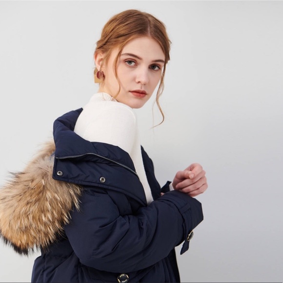 Navy Blue Down Coat with Removable Fur - Picture 2 of 8